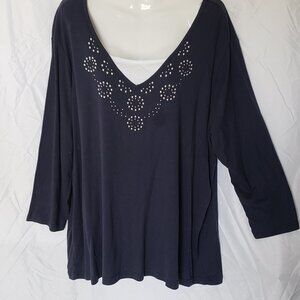 Ladies BASIC EDITIONS Blue V Neck Shirt with Metal Embellishments - 2X